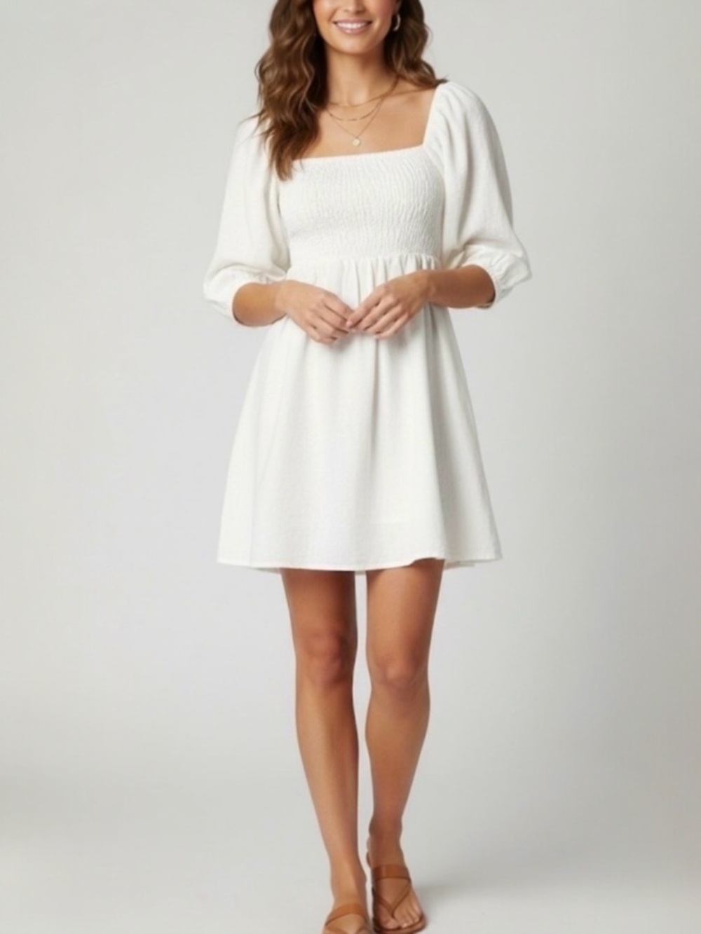 TUCKERNUCK 100% Linen Smocked Puff Sleeve Mini Dress Women's‎ Size L Square